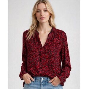 Zadig & Voltaire Tink Leo Leopard Blouse XS Red Long Sleeve Edgy Moto Work Chic